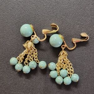 Gold and Faux Turquoise Dangle Earrings Clip Ons